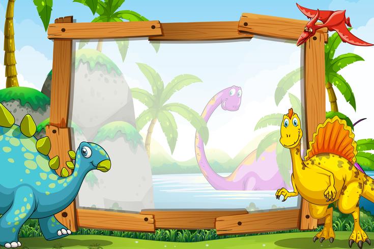 Dinosaurs by the wooden frame vector