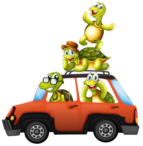 Una familia de tortugas en un carro. vector