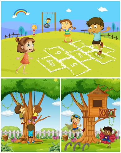 Tres escenas con niños jugando en el parque. vector