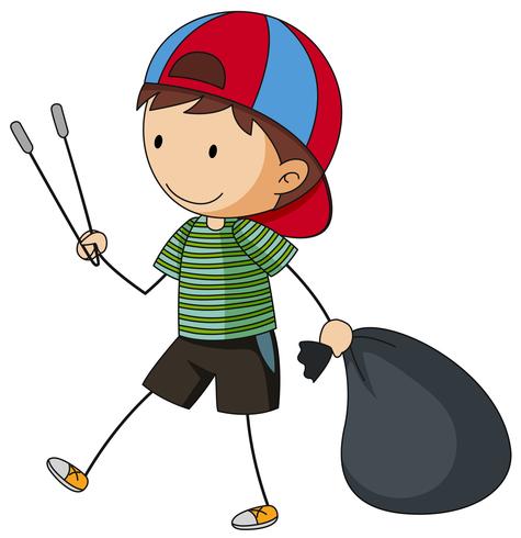 Boy with garbage bag and tongs vector