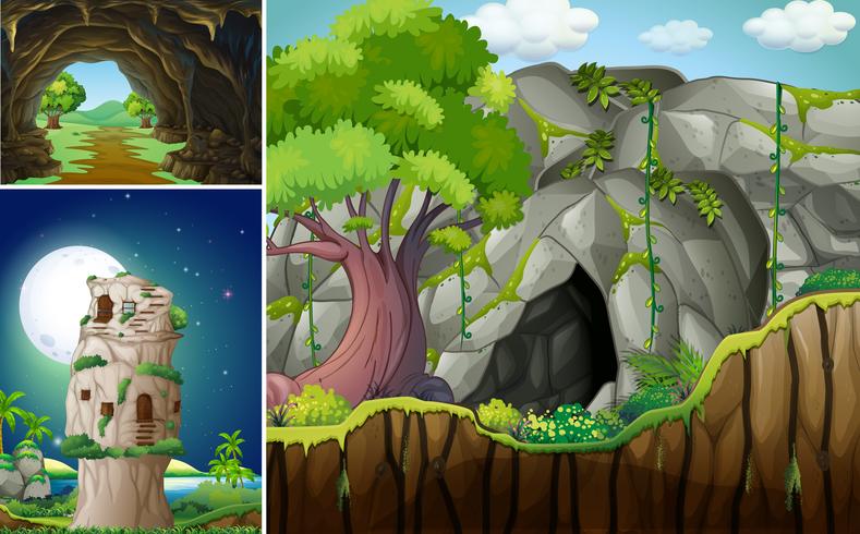 Three scenes with cave and mountain vector