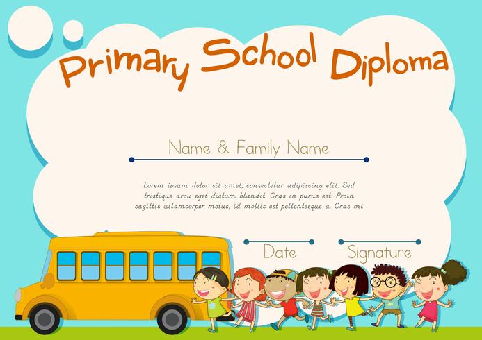 Diploma de primaria con autobús escolar y niños. vector