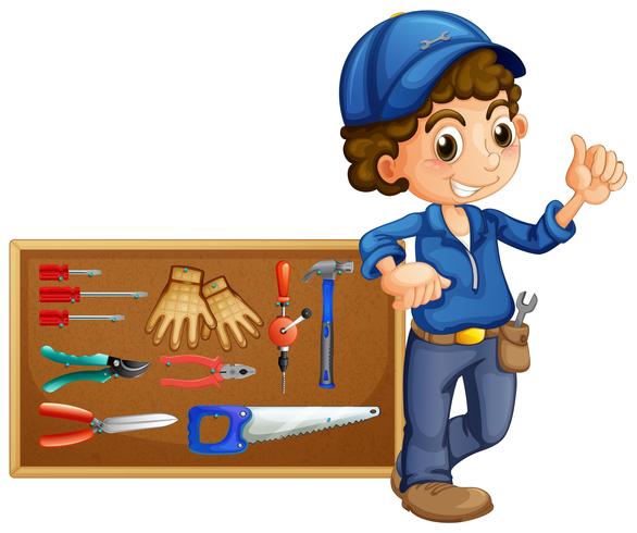 Mechanic with many tools vector