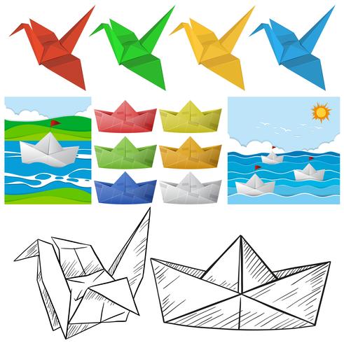 Origami artesanal con ave y barco. vector