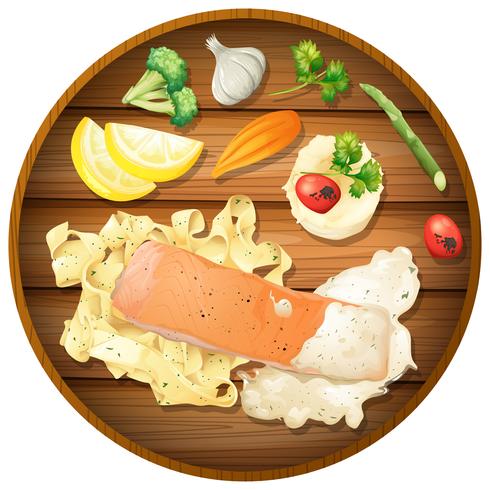 Salmon and Pasta Cream Sauce on Wooden Board vector