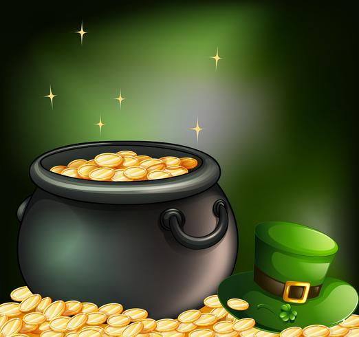 Monedas de oro dentro de una olla y un sombrero verde. vector