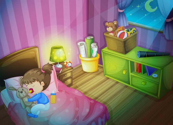 Niña que duerme con la muñeca del conejito en dormitorio vector