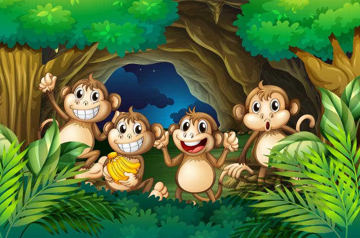 Monos felices en el bosque profundo vector