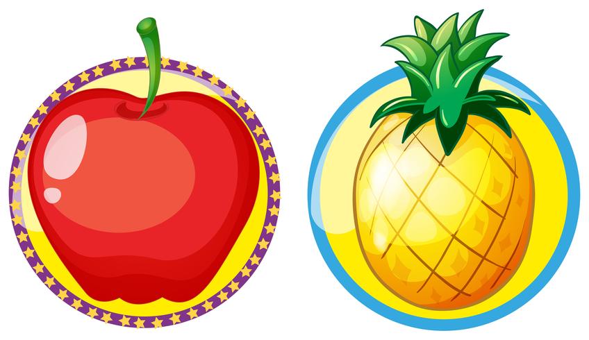 Manzana roja y piña en placas redondas. vector