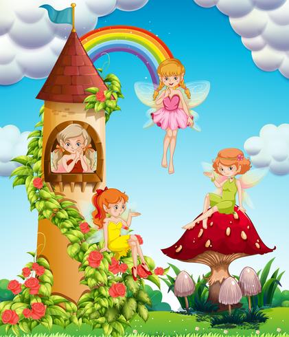 Four fairies flying in garden at day time vector