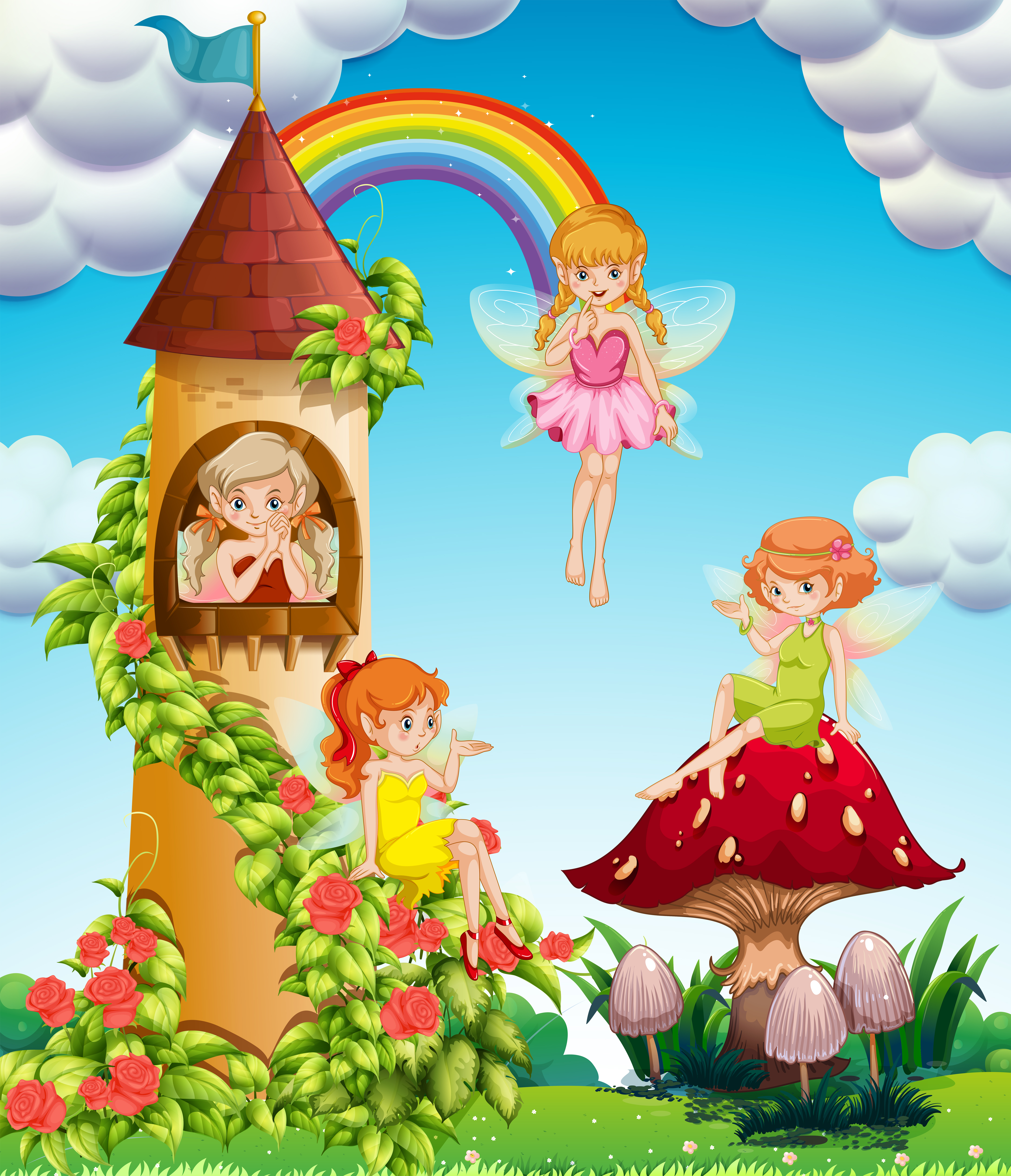Four Fairies Flying In Garden At Day Time Download Free Vectors Clipart Graphics Vector Art