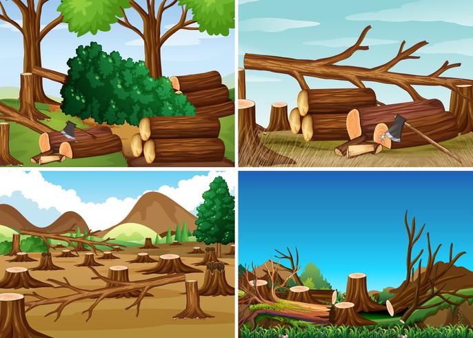 Deforestation scenes with chopped woods vector