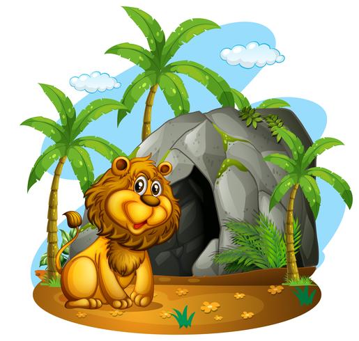Lion sits in front of cave vector