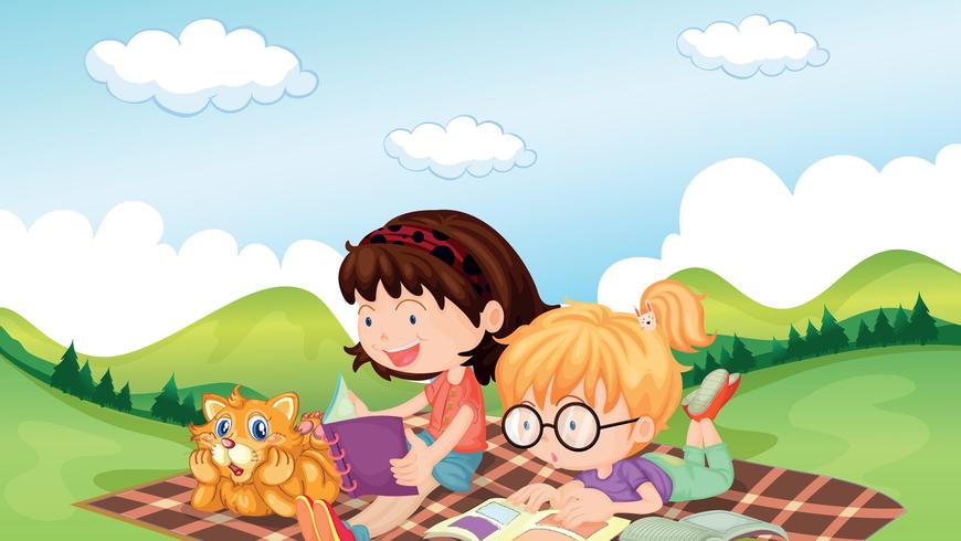 Chicas leyendo con un animal. vector