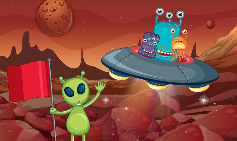 Aliens in UFO flying around the surface of planet vector