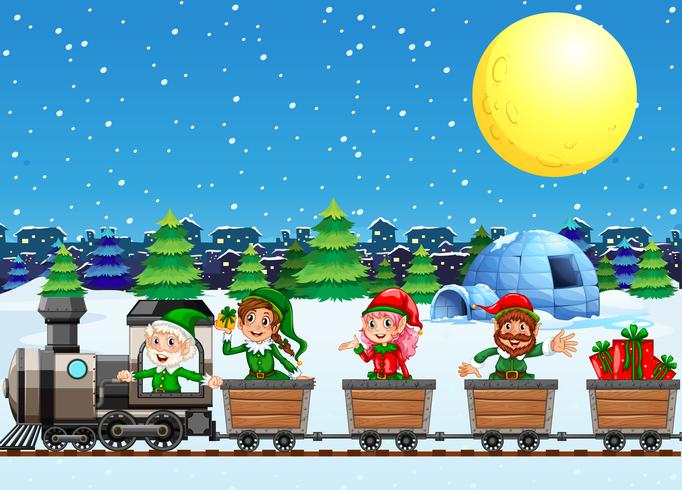 Elfos navideños en tren por la noche vector