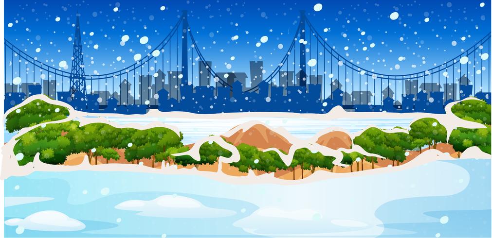 Escena de fondo con nieve en la ciudad vector