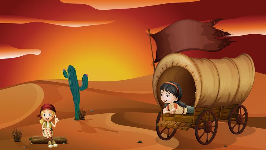 A girl lying inside the carriage and a girl sitting on a wood  vector