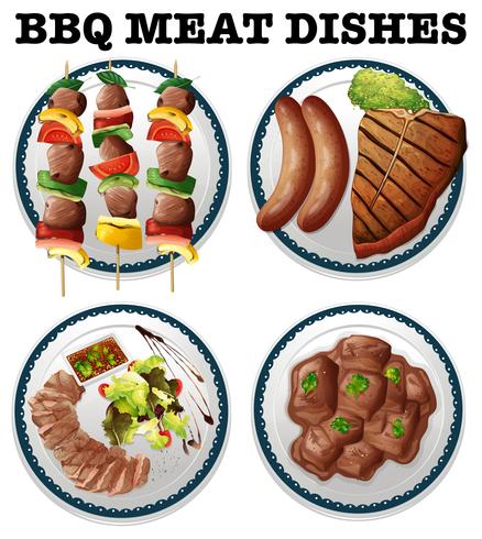 Diferentes carnes a la barbacoa en los platos. vector