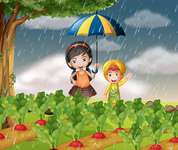 Niños en el jardín cuando llueve. vector