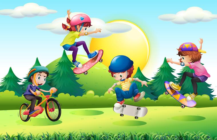 Children skateboarding and riding bike in park vector