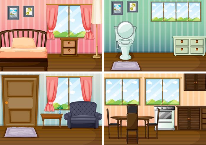 Four scenes of rooms in the house vector