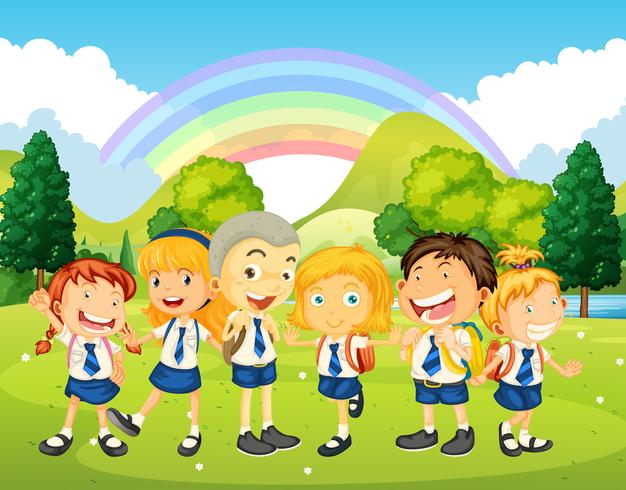 Children in uniform standing in the park vector