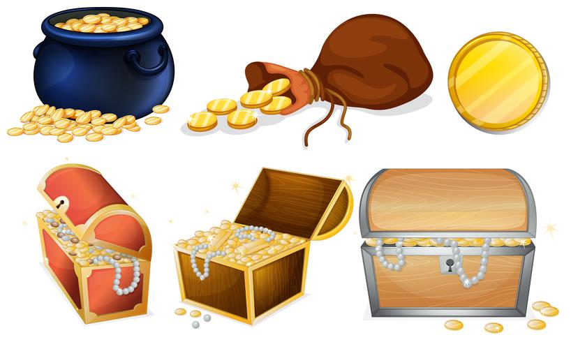 Different chests and pot of gold vector