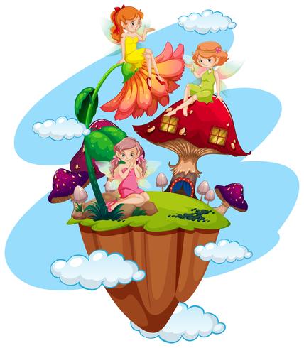 Three fairies and mushroom house vector