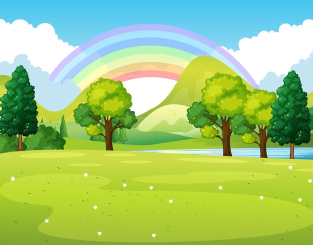 Escena de la naturaleza de un parque con arco iris vector