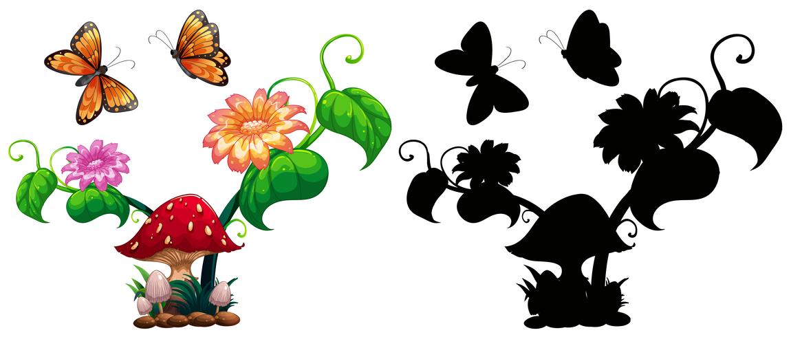 Butterflies and mushroom in garden vector