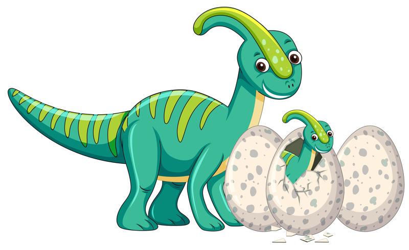 Adult dinosaur and baby dinosaur hatching egg