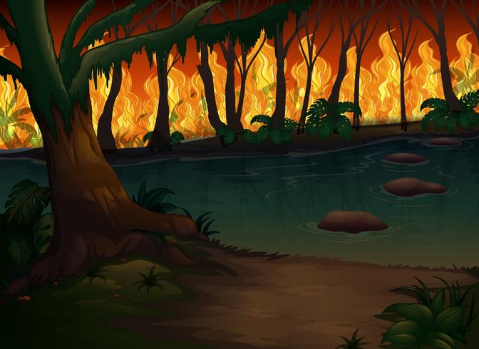 Un bosque con desastre de incendios forestales vector