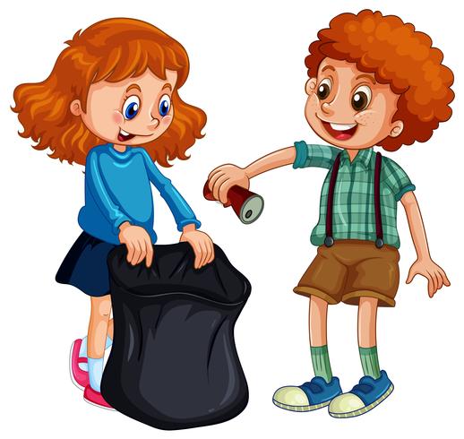 Niño y niña recogiendo basura vector