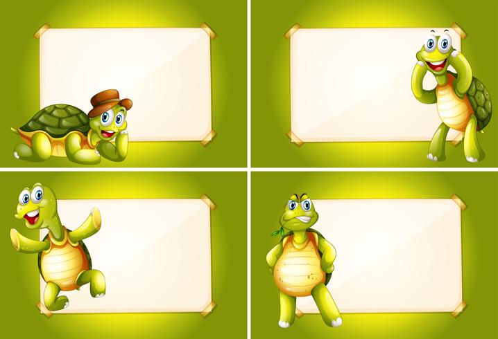 Cuatro cuadros con tortugas verdes. vector