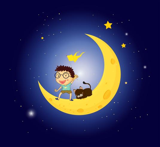 Un niño y su mascota en la luna. vector