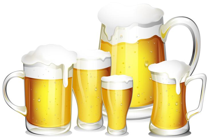 Five glasses of fresh beer vector