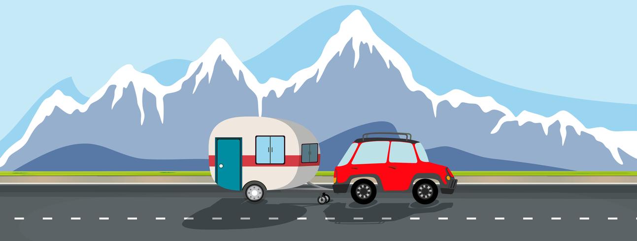 Un viaje en caravana a la montaña nevada. vector