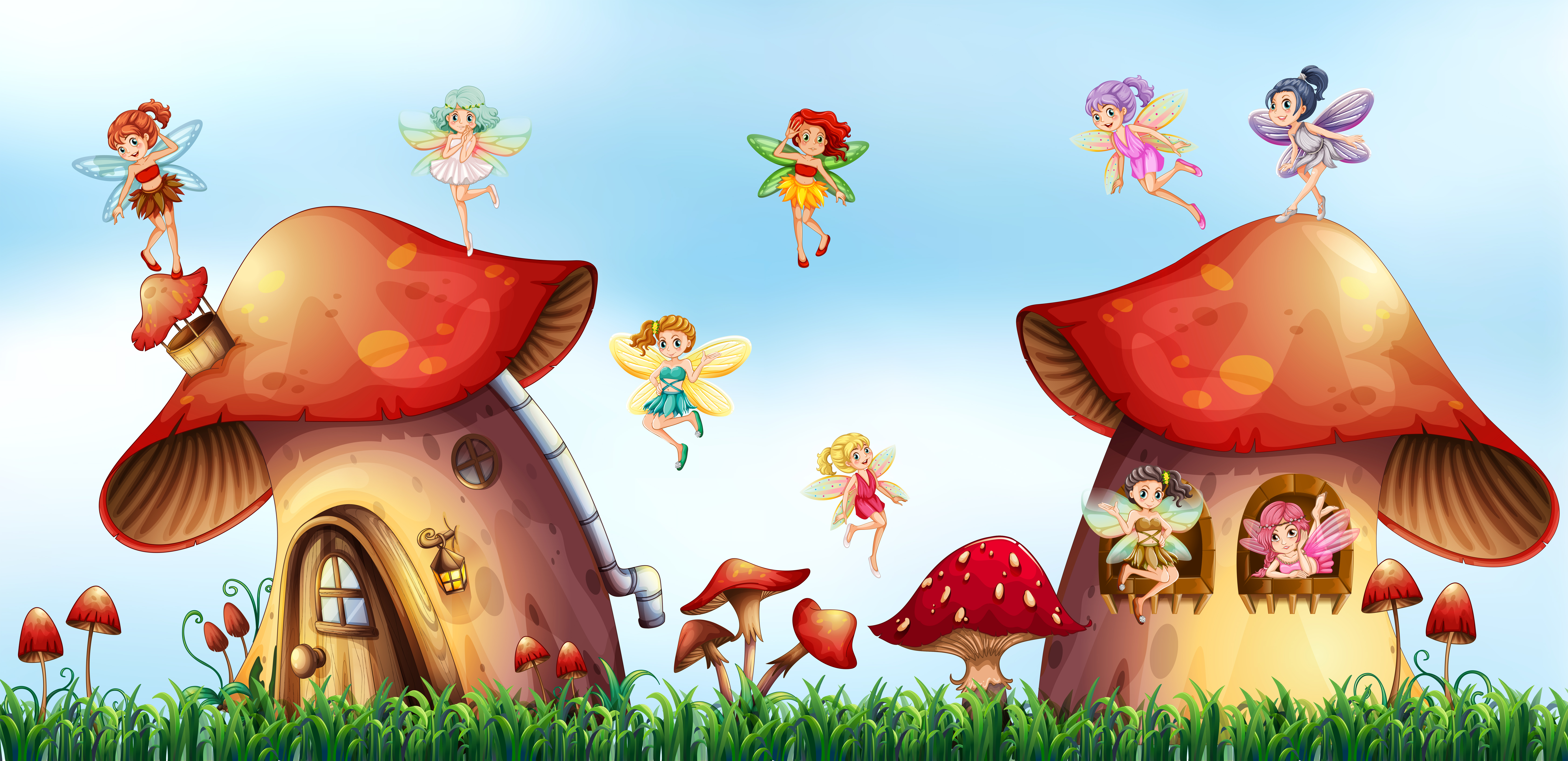 Scene with fairies flying around mushroom houses 419009 Vector Art at