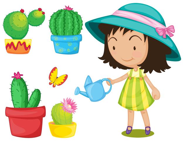 Gardening set with girl watering plants vector