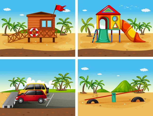 Cuatro escenas de playa con parque infantil y parking diferentes. vector