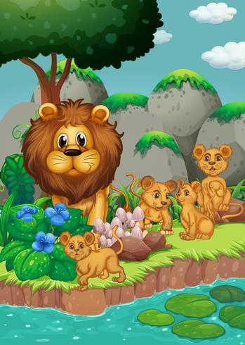 Lion family living in the forest vector