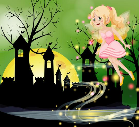 Cute fairy flying with castle towers in background vector