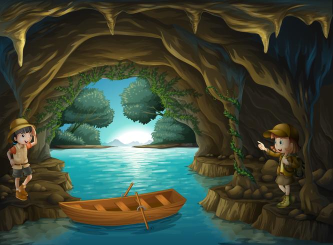 Young explorers inside the cave vector