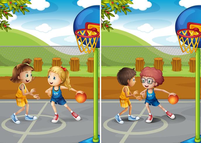 Niños y niñas jugando al baloncesto vector