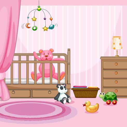 Escena dormitorio con peluche rosa en cuna vector