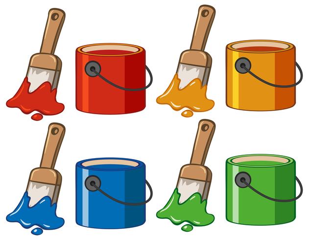 Four color in buckets and paintbrushes vector