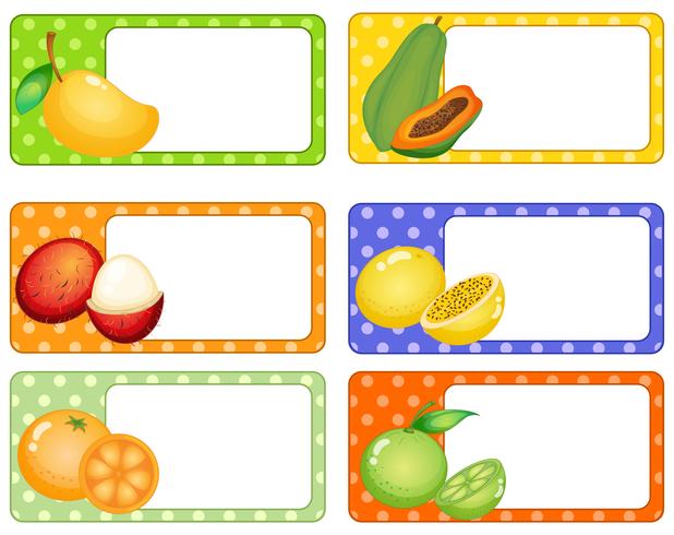 Etiquetas cuadradas con frutas tropicales. vector