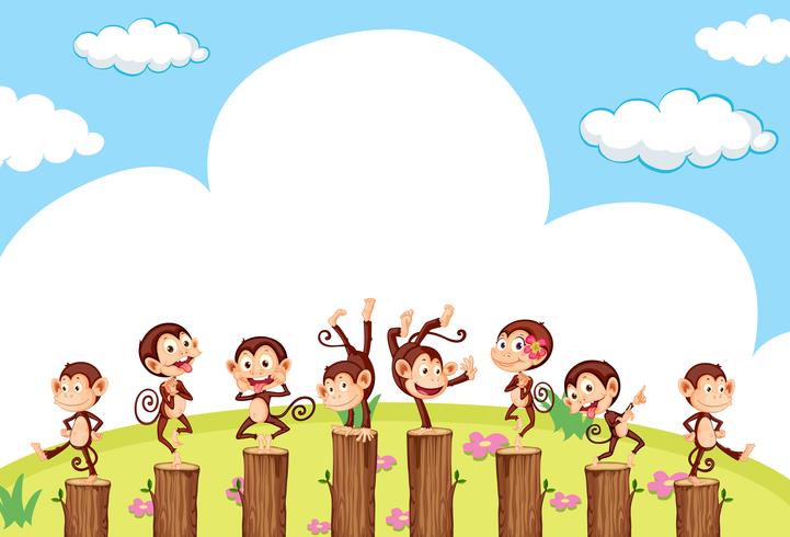 Scene with cute monkeys on log vector