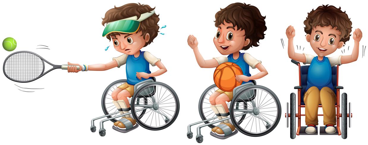 Niño en silla de ruedas jugando al tenis y al baloncesto. vector